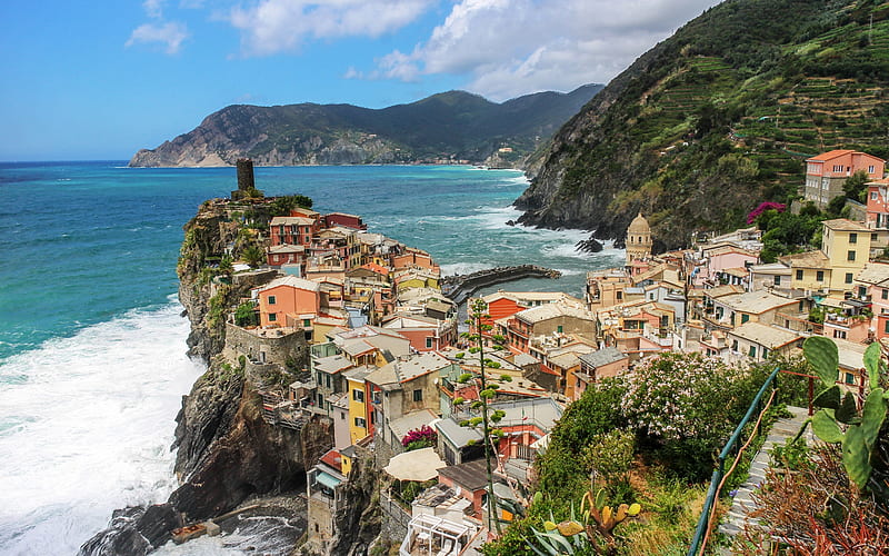 Vernazza, rocks, sea, coast, Cinque Terre, Mediterranean Sea, Italy, mountain landscape, tourism, HD wallpaper