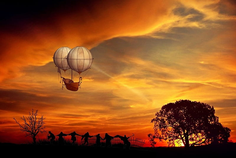 Hot Air Balloon, people, silhouettes, sunset, sky, hot air ballon, landscape, HD wallpaper