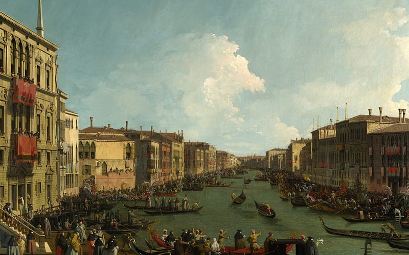 Regatta on the Grand Canal, Depicts annual carnival regatta, Painted about 1740, Set in Venice, Shows the one-oared light gondola race, HD wallpaper