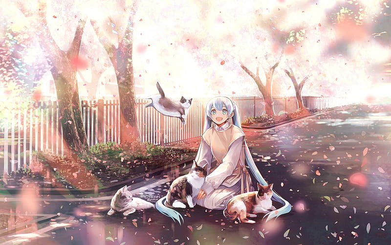 hatsune miku, traditional clothes, cherry blossom, cats, smiling, vocaloid, Anime, HD wallpaper
