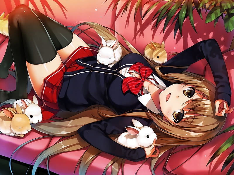 Rabbits ......, pretty, adorable, sweet, nice, anime, hot, anime girl, long hair, rabbit, female, lovely, brown hair, sexy, cute, kawaii, girl, lay, bunny, laying, HD wallpaper