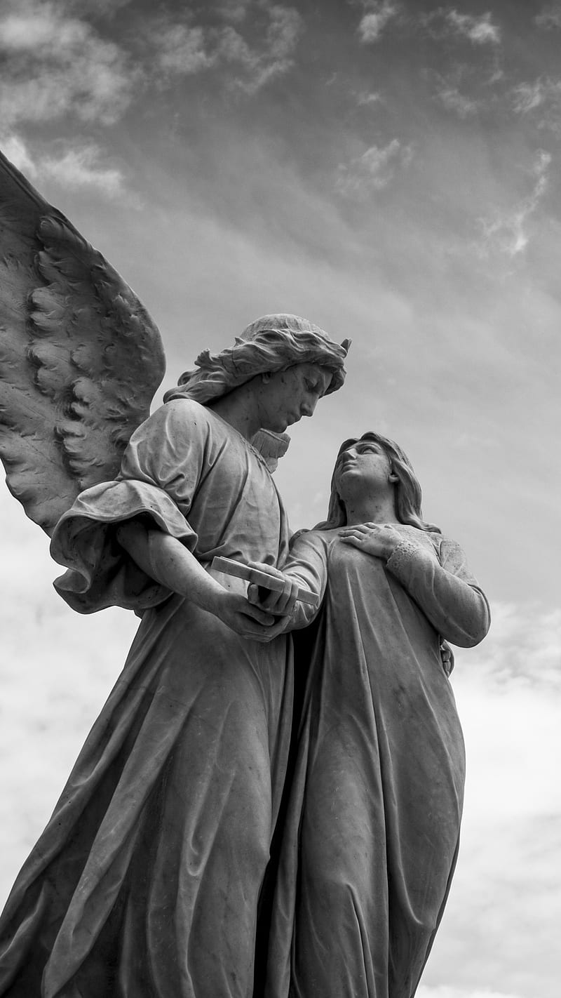 Angel sculpture , angel sculpture, black & white, religious, statue, HD phone wallpaper