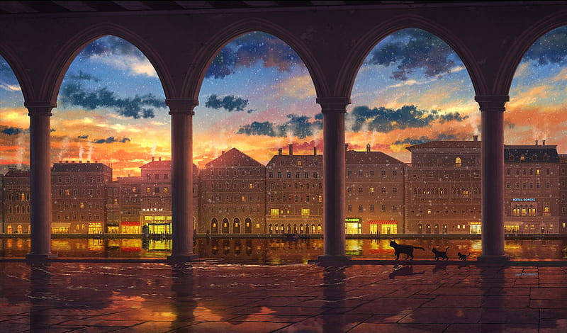 anime landscape, cats, sunset, buildings, columns, clouds, scenic, river, Anime, HD wallpaper
