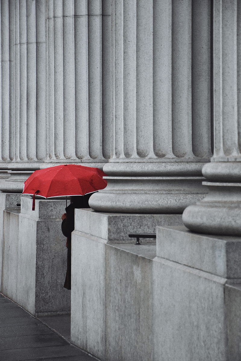 man, alone, umbrella, columns, red, HD phone wallpaper