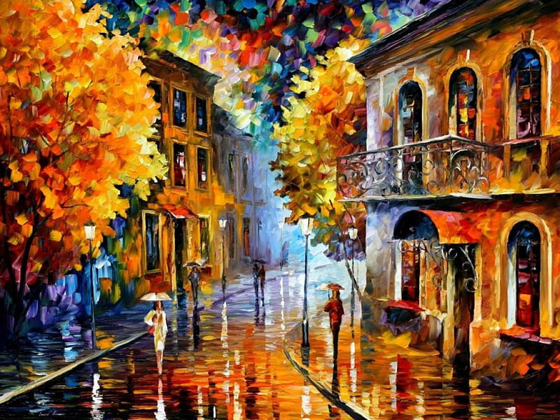 rain_street_autumn_night, orange, people, streetscape, rain, orange and blue, street, blue, night, Afremov, HD wallpaper