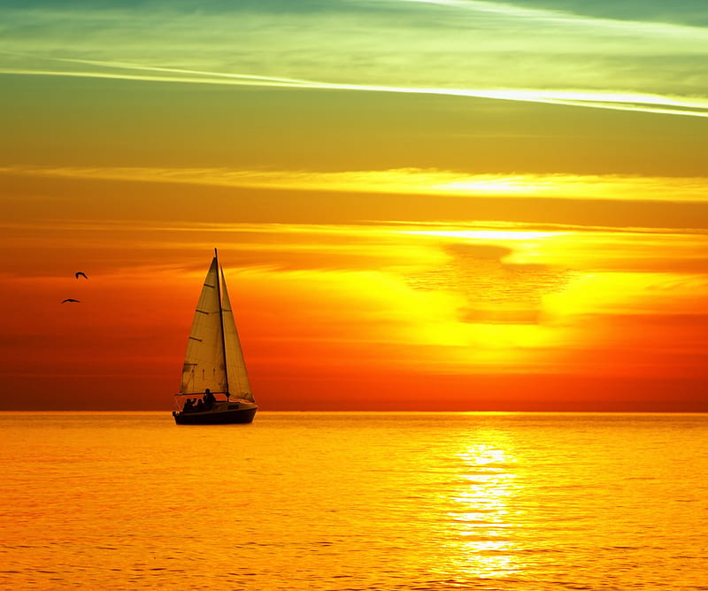 Sailing, boat, lunar, nature, orange, path, sea, sun, HD wallpaper