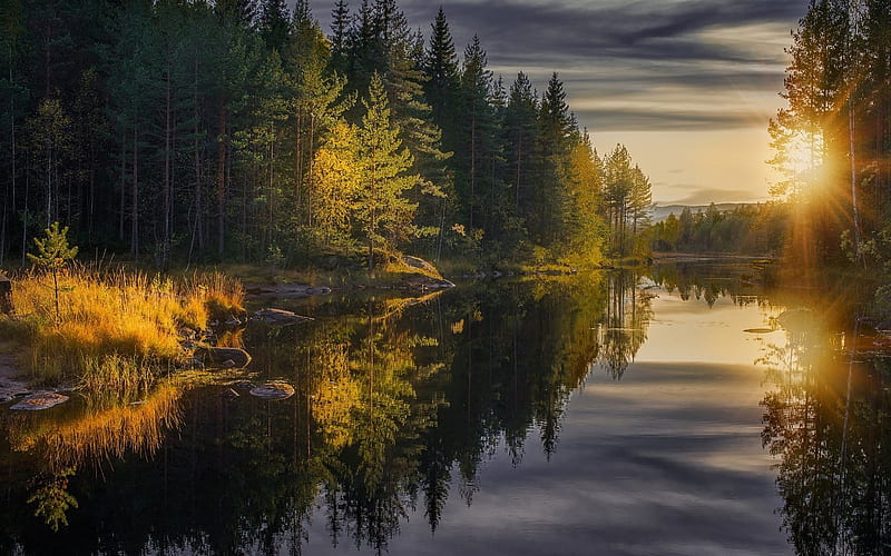 river, autumn, sunset, autumn landscape, HD wallpaper