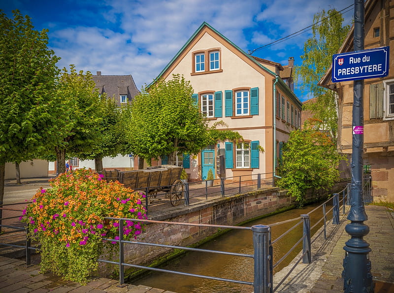 French Village, house, trees, bridge, canal, r, HD wallpaper