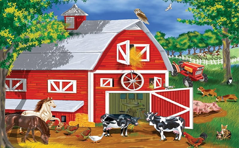 Grange, tracteur, vache, rouge, HD wallpaper