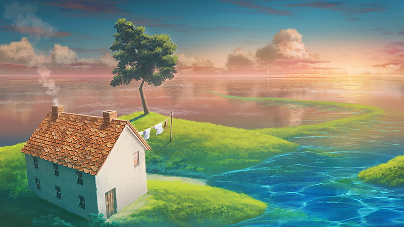 Anime, Original, House, Ocean, Sea, Sky, Sunset, Tree, HD wallpaper