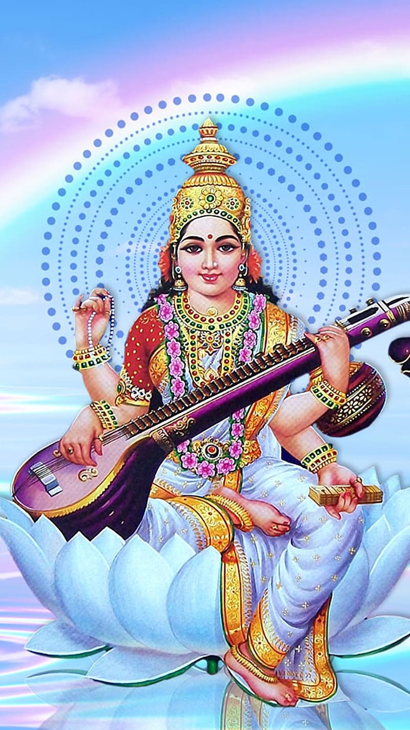 Saraswati Maa Ka, Rainbow Background, goddess, HD phone wallpaper ...