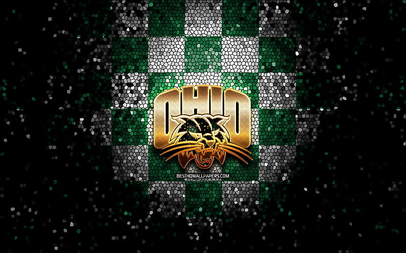 Ohio Bobcats, glitter logo, NCAA, green white checkered background, USA, american football team, Ohio Bobcats logo, mosaic art, american football, America, HD wallpaper