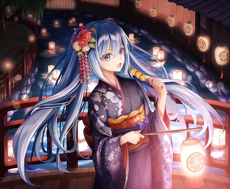 hatsune miku, aqua hair, vocaloid, lanterns, street food, kimono, Anime, HD wallpaper