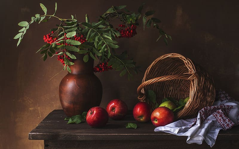 Apples and Rowanberries, apples, still life, rowanberries, basket, vase, napkin, HD wallpaper
