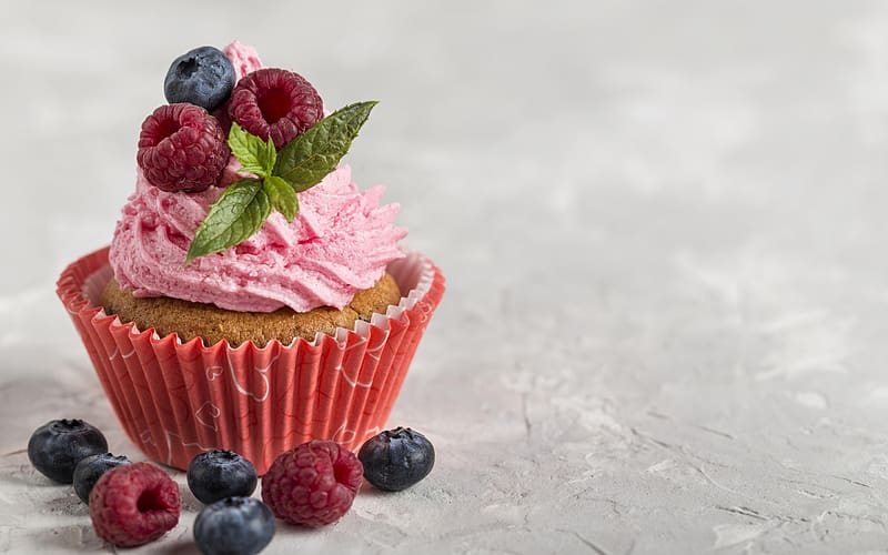 Cupcake, sweet, pink, red, dessert, fruit, berry, food, raspberry, HD wallpaper
