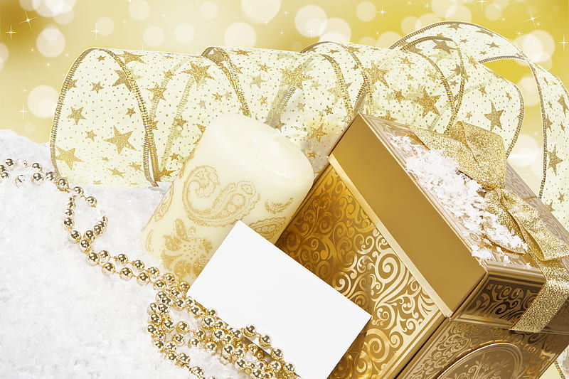 Gold Christmas, candle, holiday, ribbon, box, bonito, happy new year, gift, elegantly, graphy, gold, nice, cool, merry christmas, gentle, harmony, letter, HD wallpaper