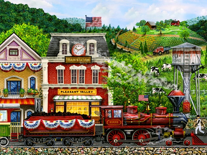 Next Stop Pleasant Valley, locomotive, train, painting, station, village, artwork, HD wallpaper