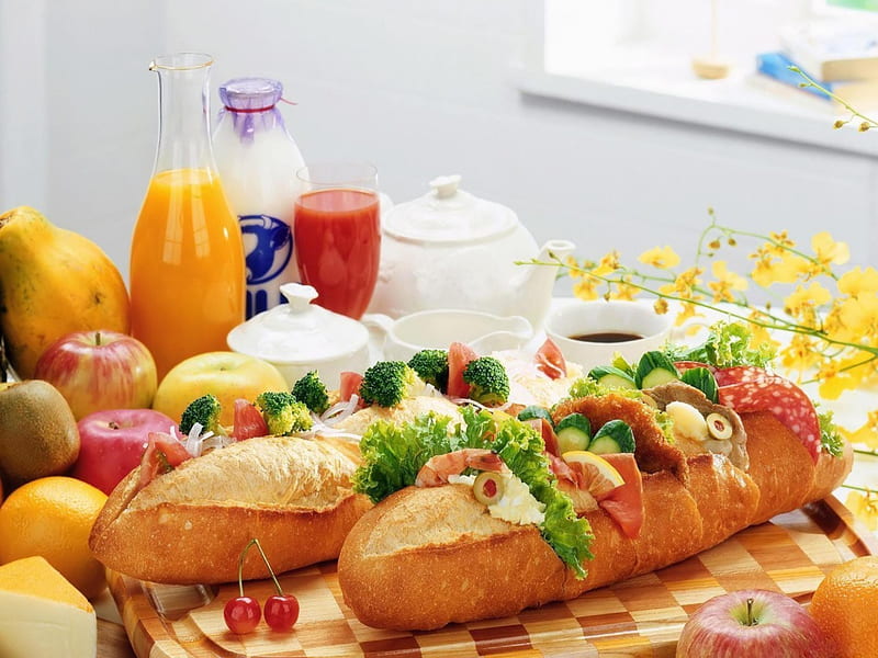 Sausage salsa baguette, bread, sausage, food, fruits, HD wallpaper
