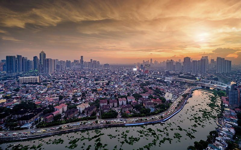 Cities, Manila, Bridge, City, River, Sunset, HD wallpaper