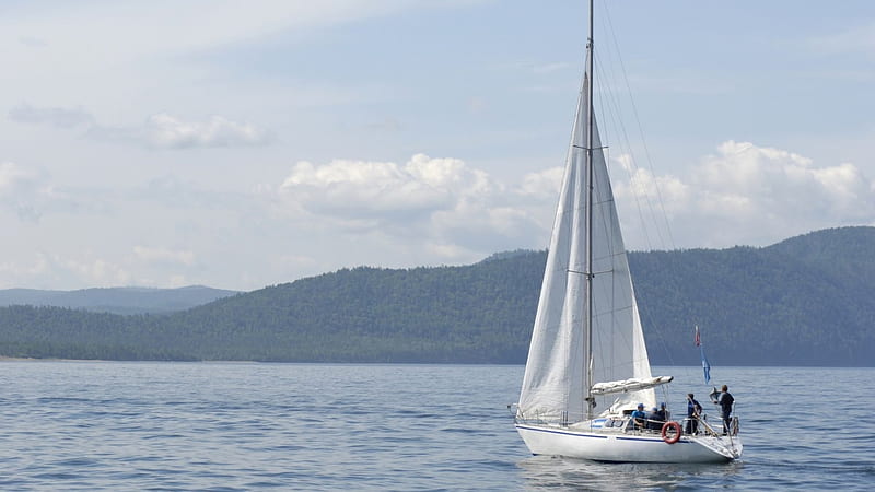 a sailing yacht on a lake, sail boat, calm, yacht, mountains, lake, HD wallpaper