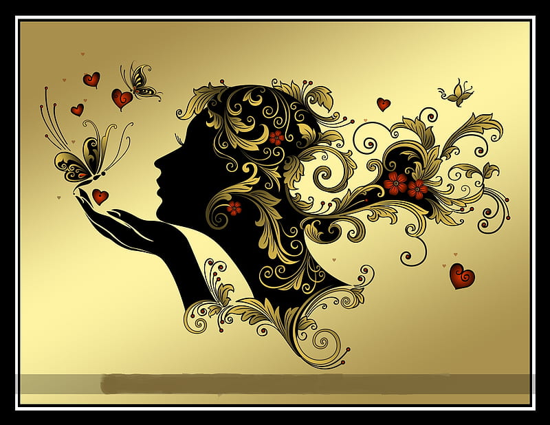 Careless Whispers, art, wings, lovely, gold leaf, swirls, abstract, woman, corazones, leaf, fantasy, gold, butterfly, tendrils, drawing, hand, face, HD wallpaper