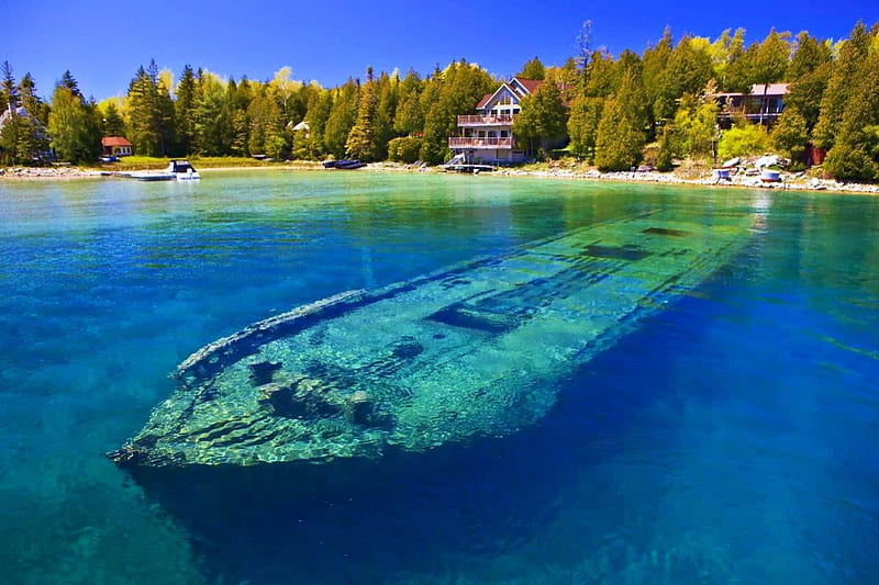 Grounded Ship at Lake Huron, wreck, beach, sunken, water, trees, coast, HD wallpaper