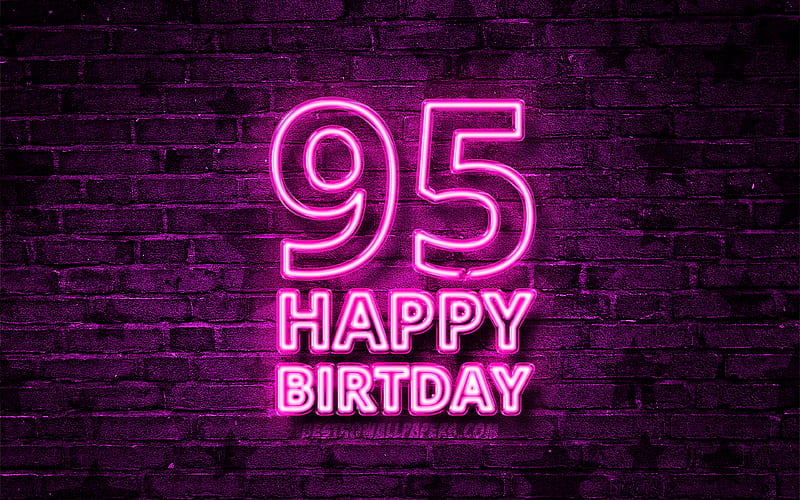 Happy 95 Years Birtay purple neon text, 95th Birtay Party, purple brickwall, Happy 95th birtay, Birtay concept, Birtay Party, 95th Birtay, HD wallpaper