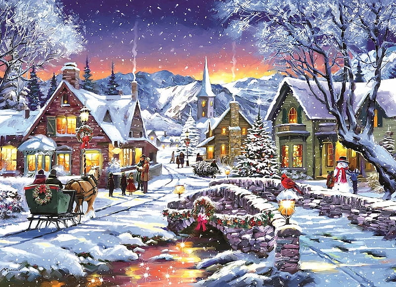 Christmas Town, sleigh, snow, bridge, houses, painting, river, trees, horse, HD wallpaper