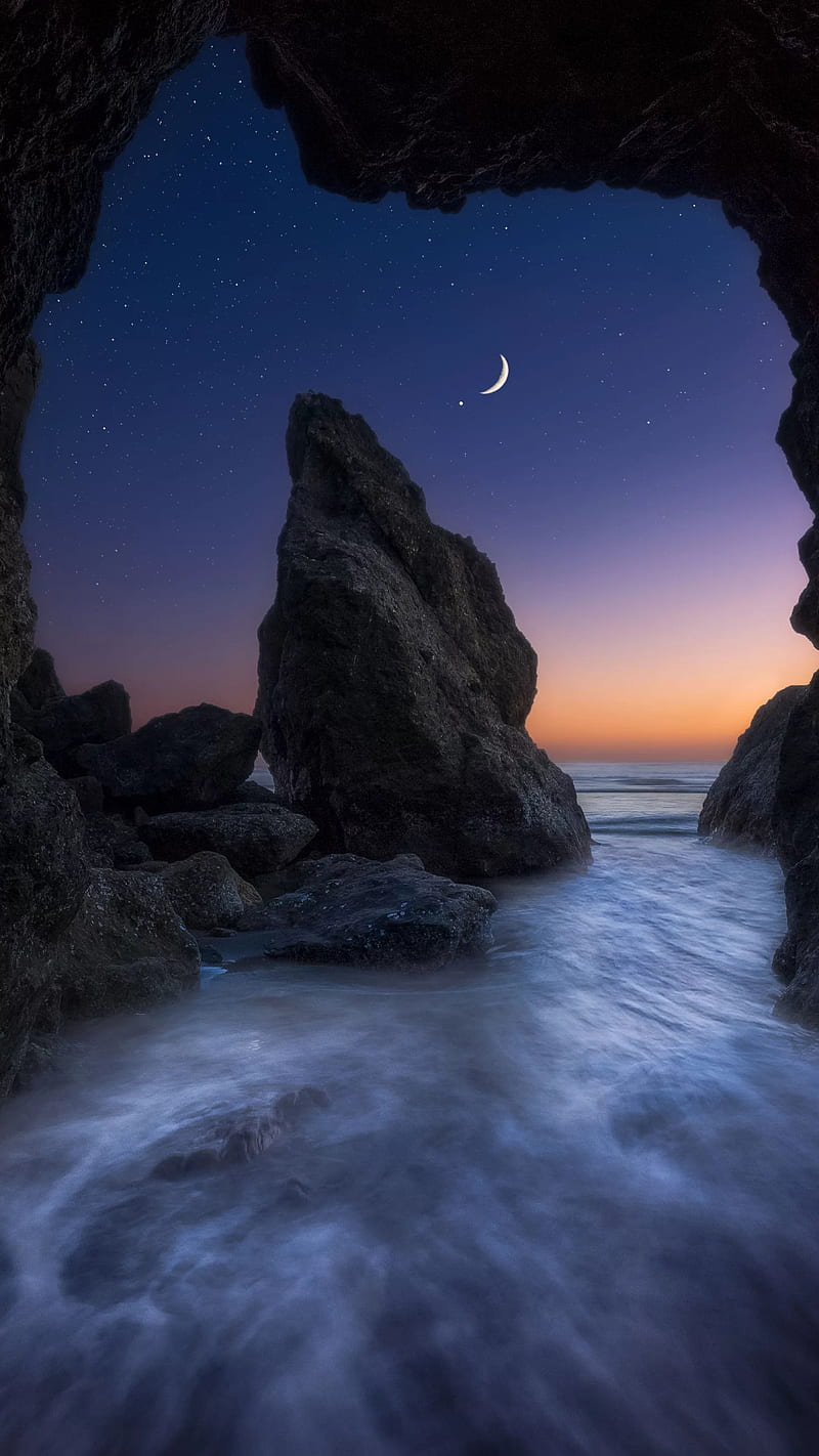 Cave, moon, ocean, rocks, sea, water, HD phone wallpaper