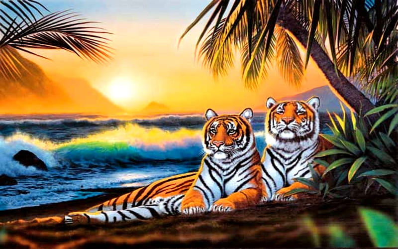 SUNSET MAJESTY, beach, ocean, tigers, sunset, palm trees, HD wallpaper