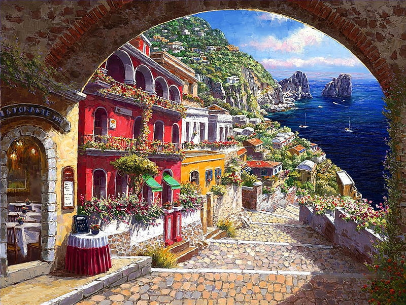 Archway to Capri, rocks, mediterranean, houses, artwork, sea, painting, island, italy, coast, HD wallpaper