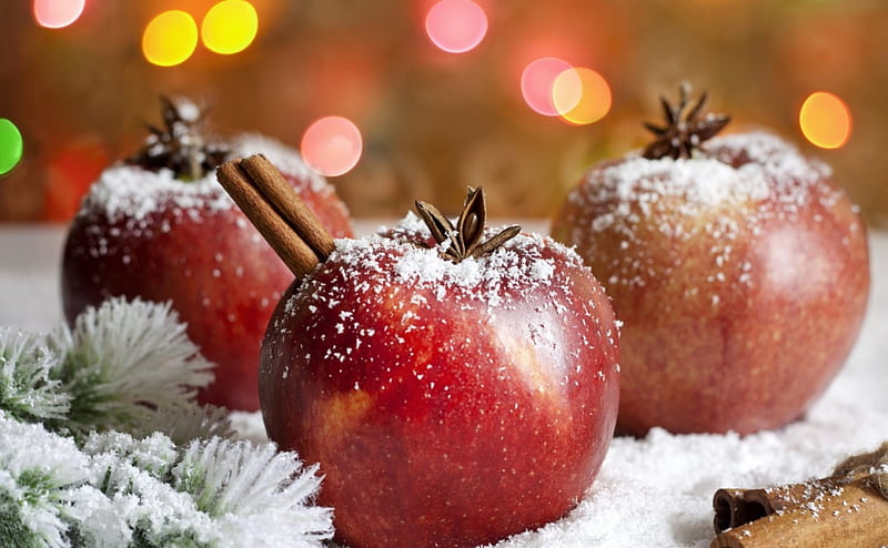 Christmas flavor, apple, red, christmas, food, cinnamon, lights, sweet, dessert, snow, flavor, white, HD wallpaper