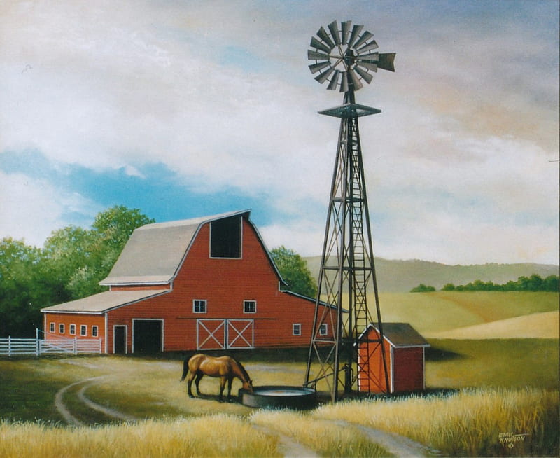 Windmill Farm, farm, windmill, fields, shed, horse, HD wallpaper