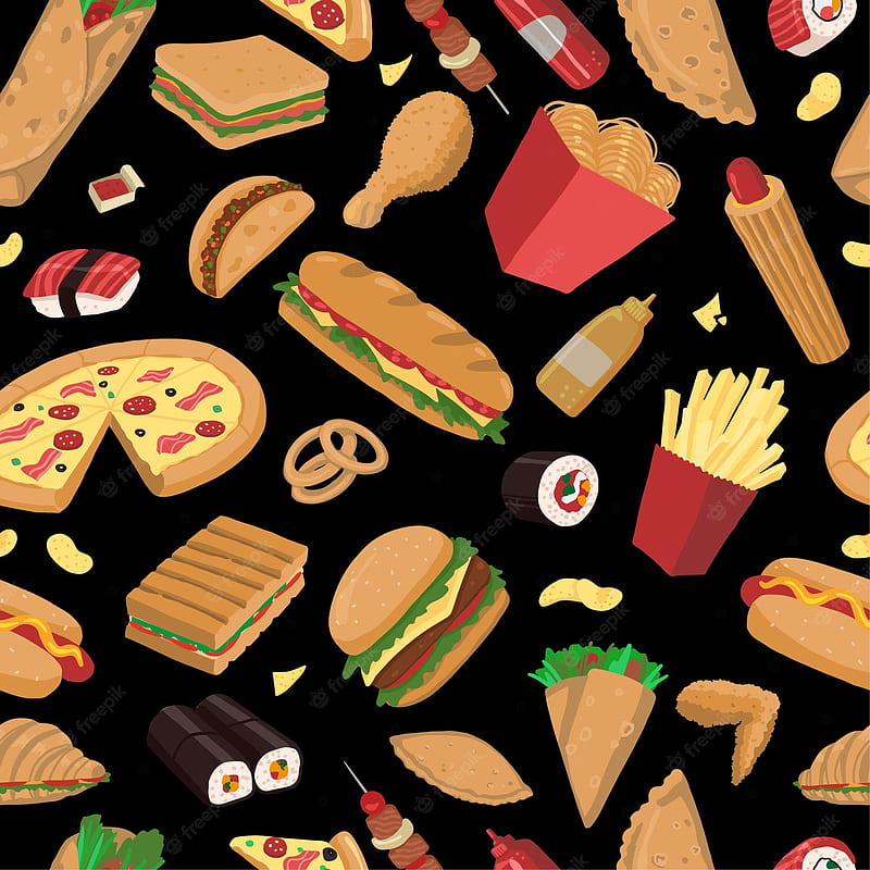 Premium Vector. Fast food seamless pattern. delicious food colored