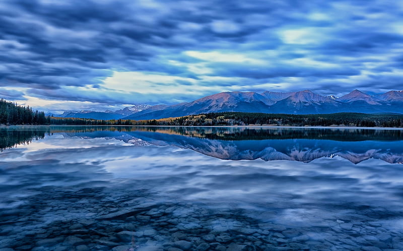 lake, sunset, evening, forest, national park, Jasper, Alberta, Canada, HD wallpaper