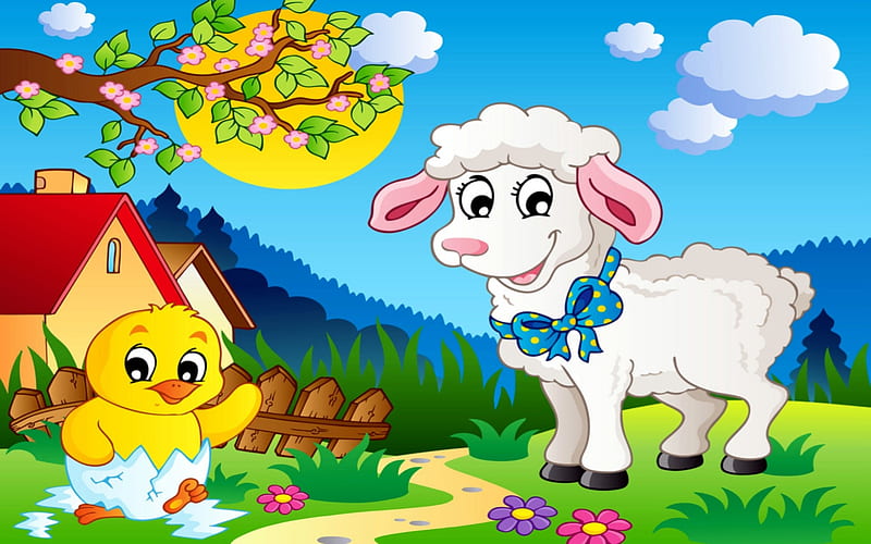 Spring, Trees, Sky, Chick, Clouds, Sun, Flowers, Sheep, House, HD wallpaper