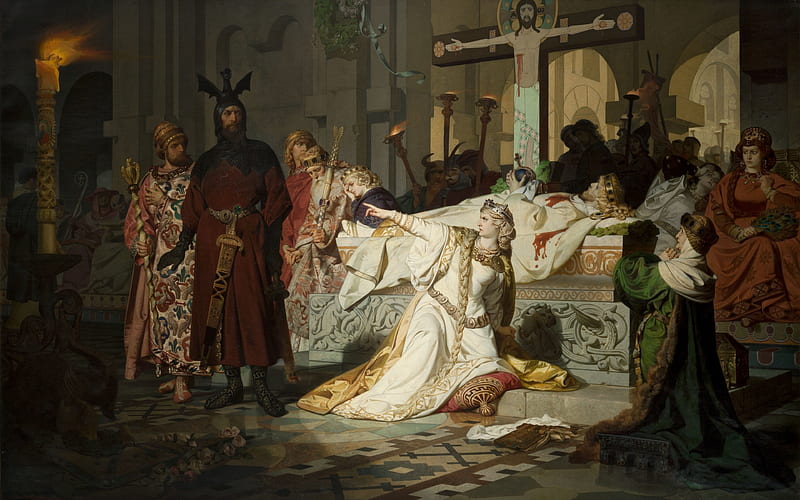 Kriemhild accuses Gunther and Hager of murdering, girl, people, painting, man, pictura, woman, art, hager, gunther, kriemhild, emil laufer, HD wallpaper