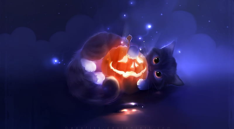 Cute holiday, pumpkin, kitty, abstract, digital art, cat, kitten, holidays, halloween, cute, samhain, HD wallpaper