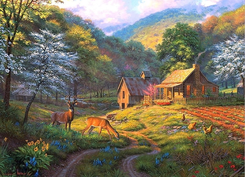 Country Blessings, houses, love four seasons, spring, attractions in dreams, deer, countryside, paintings, mountains, flowers, summer, nature, fields, animals, HD wallpaper
