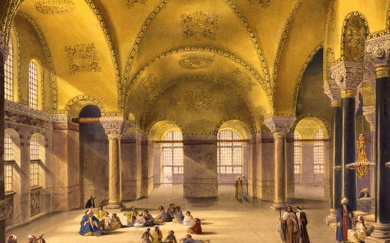 Hagia Sophia, art, interior, yellow, church, Turkey, people, painting, pictura, HD wallpaper