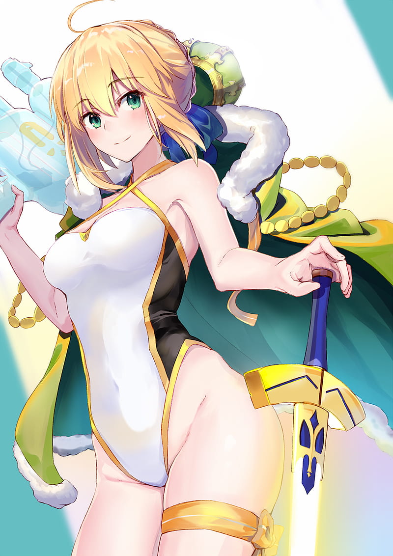 anime, anime girls, digital art, portrait display, artwork, vertical, simple background, Fate/Grand Order, FGO, blonde, sword, girls with swords, swimwear, crown, green, HD phone wallpaper