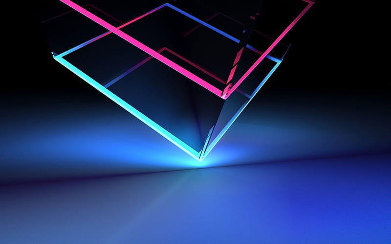 glass cube, bright neon lines, backlight, stock , HTC U12 Plus, HD wallpaper