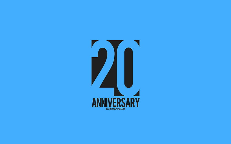 20th Anniversary sign, minimalism style, blue background, creative art, 20 years anniversary, typography, 20th Anniversary, HD wallpaper