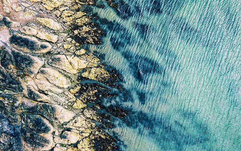 aerial view, coast, rocks, waves, sea, ocean, blue water, HD wallpaper