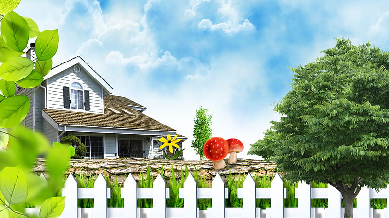 Summer Sunshine, toadstools, house, home, white picket fence, trees, sky, yard, log, musrhooms, flowers, HD wallpaper