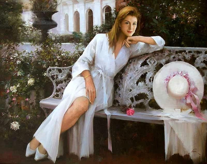AN - HE PAINTING. BRUNETTE IN WHITE, brunette, bracelet, roses, high heels, broad hat, white iron chair, pink rose on chair, earrings, in white dress, archways, sitting, building, HD wallpaper