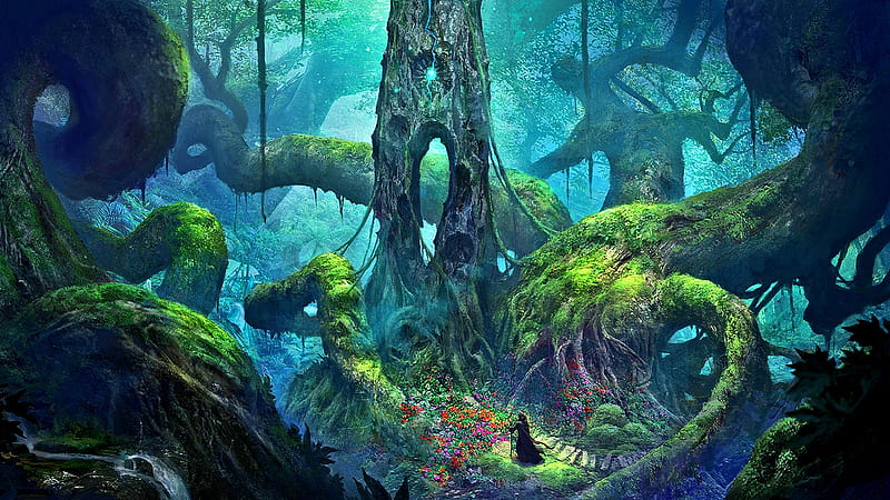 The High Druids Garden, forest, fantasy, flowers, magic, druid, landscape, HD wallpaper