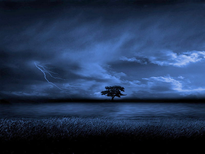 BLUE STORM, sky, clouds, stormy, tree, water, lightning, field, blue, night, HD wallpaper