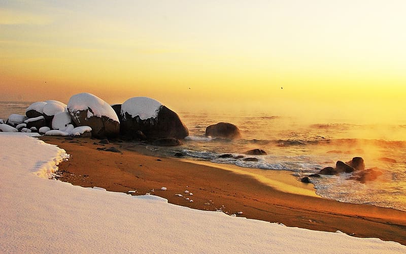 Snowy Beach, Sea, Rocks, Snow, Beach, HD Wallpaper | Peakpx