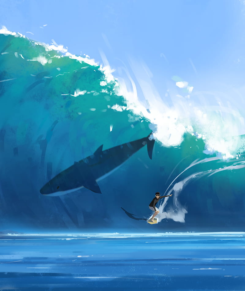 surfer, surfing, shark, wave, art, HD phone wallpaper